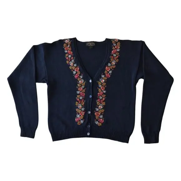 Vintage 80s Navy Blue Knit Cardigan Sweater with Floral Embroidery - Size Small - Picture 1 of 5